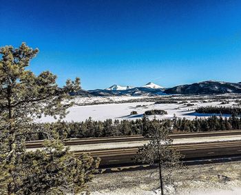 Scenic view of snowcapped mountains against clear blue sky