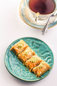 High angle view of breakfast on table