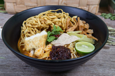 High angle view of food in bowl on table