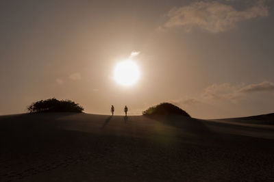 Silhouette people in the desert against sky during sunset