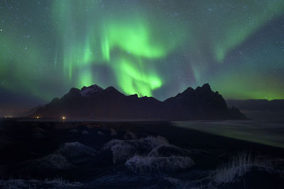 Vestrahorn and its black sand beach in iceland.sand dunes on the stokksnes on southeastern icelandic 