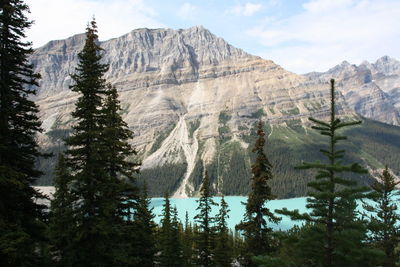 Calm lake against rocky mountains