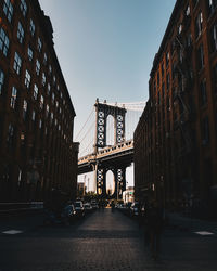 Low angle view of manhattan bridge against clear sky