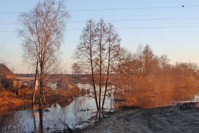 Bare trees by lake against sky during sunset