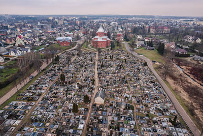 Utenachurch in a small lithuanian town utena from the aerial view perspctive beautiful scenic view