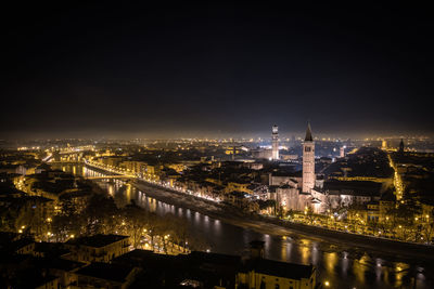 Illuminated buildings in city at night