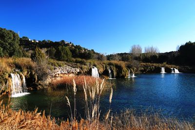 Scenic view of lake against clear blue sky