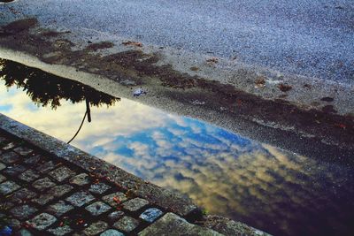 Reflection of built structure in puddle