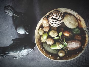 High angle view of fruits in plate on table