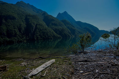 Scenic view of lake and mountains against sky