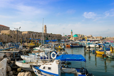 Boats moored in harbor