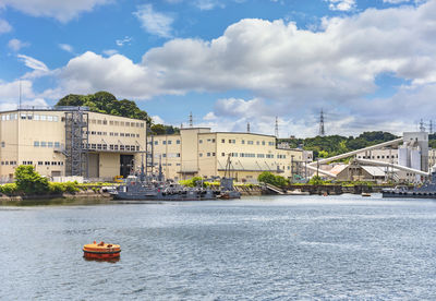 Scenic view of river by buildings against sky