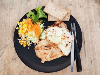 High angle view of breakfast on table