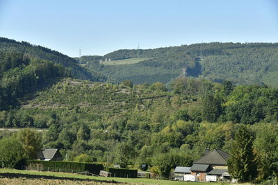 Scenic view of trees and houses against sky