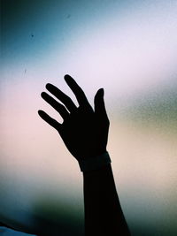 Close-up of silhouette hand against sky during sunset