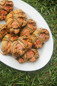 High angle view of food in plate on table