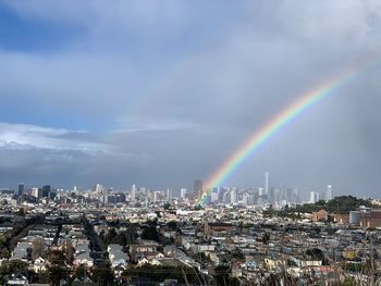 Rainbow over city buildings against sky