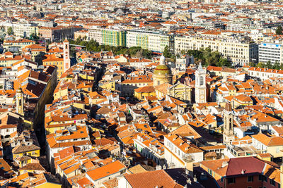 The colorful rooftops of nice old town seen from above at the colline du chateau, france