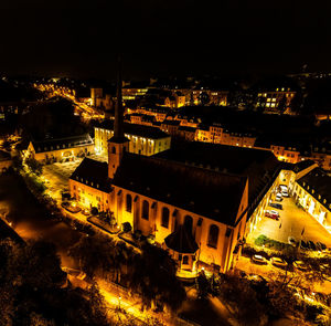 High angle view of illuminated buildings at night