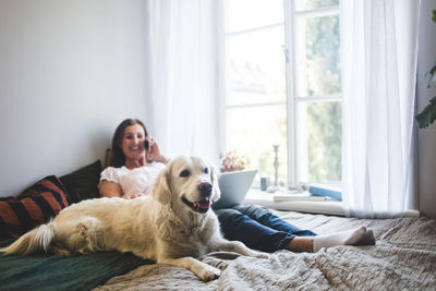 Dog resting with senior woman talking on mobile phone on bed at home