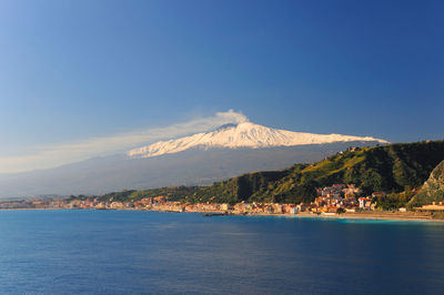 Scenic view of sea and mountains against blue sky