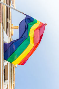 Low angle view of flags against clear sky