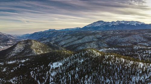 Aerial view of snowcapped mountains against sky