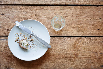 High angle view of bread in plate on table