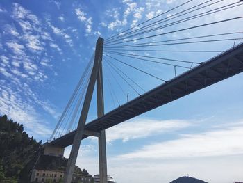 Low angle view of suspension bridge against sky