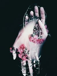 Midsection of woman holding pink flower against black background