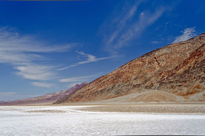 Scenic view of sea and mountains against blue sky