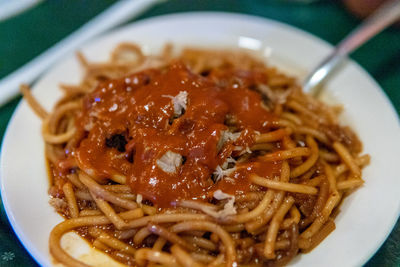 Close-up of noodles served in plate