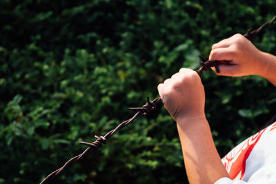 Close-up of hands on barbed wire