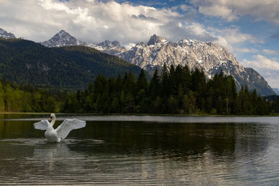 View of lake against mountain range