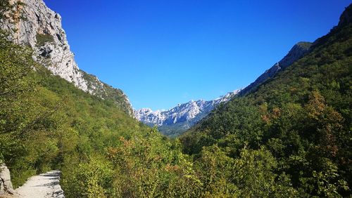 Scenic view of snowcapped mountains against clear blue sky