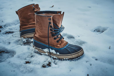 Close-up of shoes on snow covered field