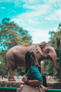 Woman looking at elephant in zoo