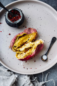 High angle view of breakfast served in plate