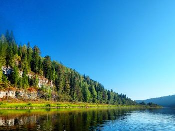 Scenic view of lake in forest against clear blue sky