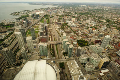 High angle view of modern buildings in city