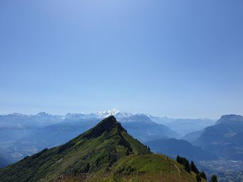 Scenic view of mountains against clear blue sky