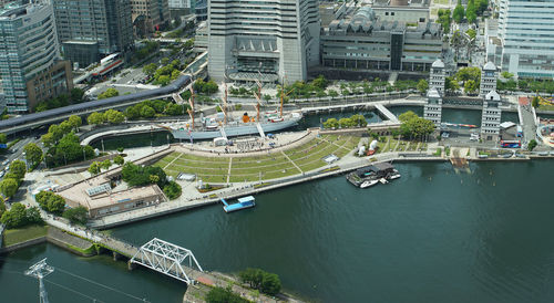 High angle view of sailboats in harbor