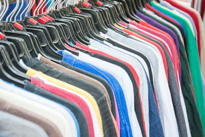 Close-up of clothing in coathanger for sale