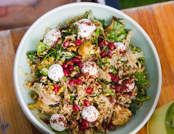 High angle view of salad in bowl on table