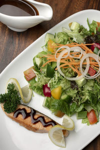 High angle view of food in plate on table