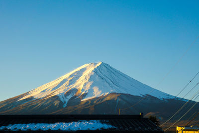 Scenic view of snowcapped mountains against clear blue sky