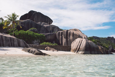 Scenic view of rocks in sea against sky