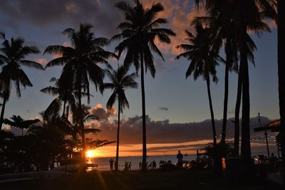 Silhouette palm trees on beach against sky during sunset