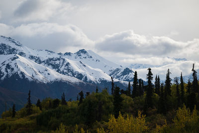 Scenic view of snowcapped mountains against sky