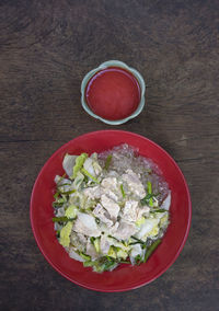 High angle view of meal served on table